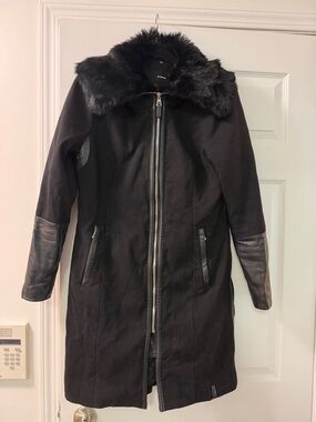 RUDSAK Black Wool Trench Coat with REAL Fur Collar